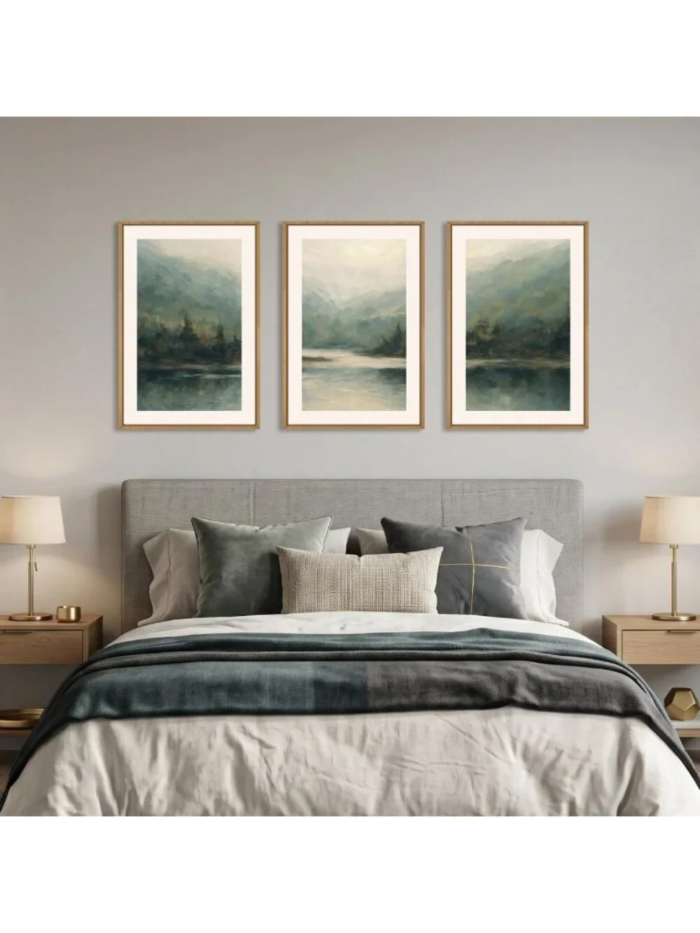 Watercolor Green Forest Mountain Framed Canvas Wall Art - 16